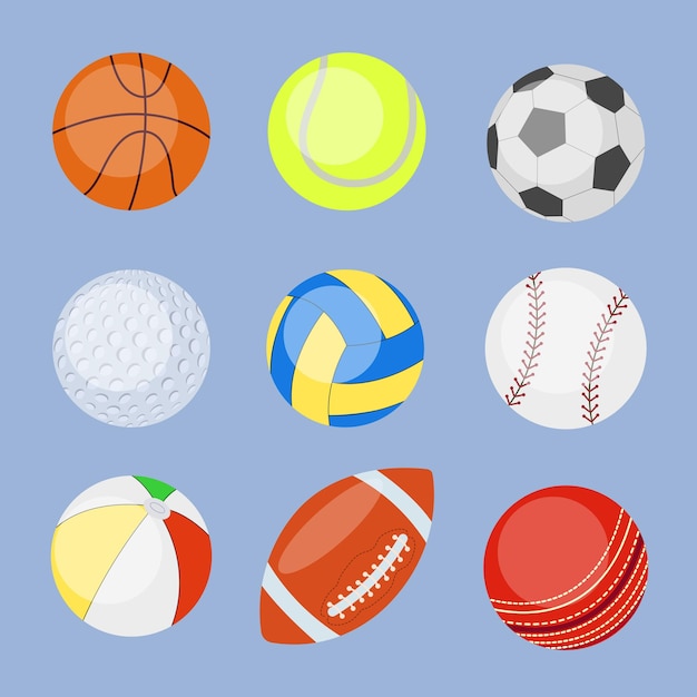 ベクトル スポーツ イベント用の円形および楕円形のボールのコレクション ベクトル イラスト さまざまな機器のセット