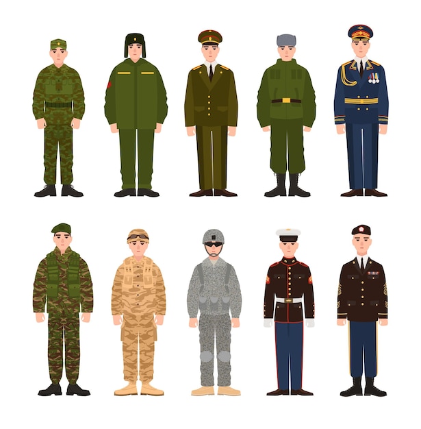 다양한 제복을 입은 러시아와 미국 군인 또는 인원의 컬렉션입니다. 러시아와 미국 군인의 번들. 평면 만화 캐릭터의 집합입니다. 현대 다채로운 벡터 일러스트 레이 션.