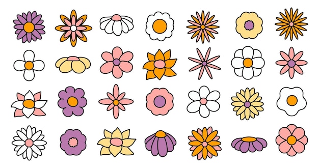Коллекция простых цветущих цветов в 1970-х годах в психоделическом хиппи-стиле набор графических наклеек в ретро-дизайне groovy background редактируемый штрих изолированная векторная иллюстрация