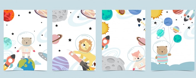 Вектор Коллекция космического фона с астронавтом, планета, луна, звезда, ракета, животное. редактируемые иллюстрации для веб-сайта, приглашения, открытки и наклейки