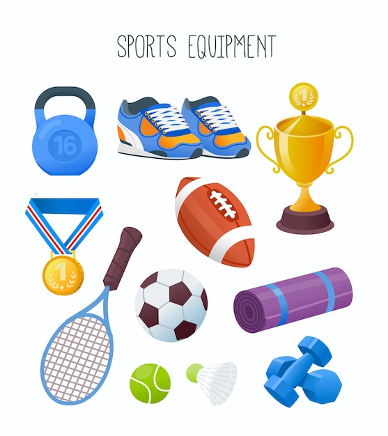ベクトル スーパー マーケットで一般的に販売されているスポーツ用品のコレクション スポーツ用品部門またはオンライン ストア メディアと web 分離ベクトル画像のラベルの画像
