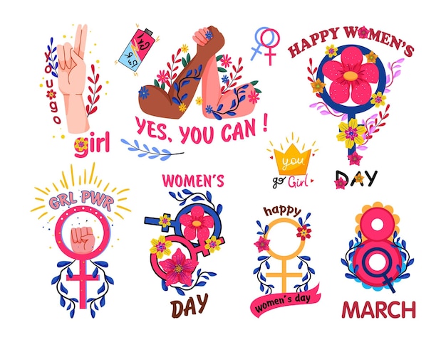 벡터 페미니즘과 여성 독립에 대한 스티커와 삽화 모음 흰색 배경에 평평한 삽화