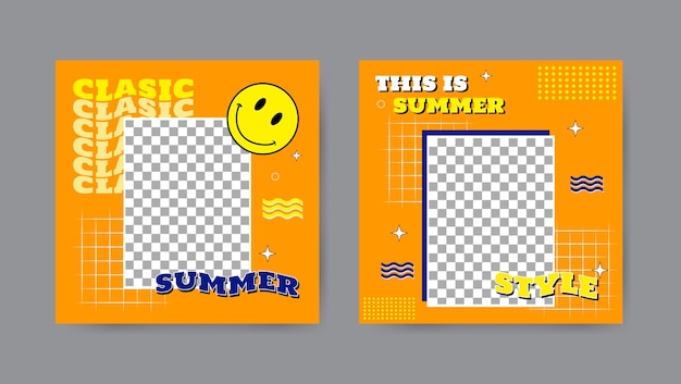 벡터 만화 스타일의 여름 소셜 미디어 포스트 템플릿 컬렉션 사각형 배너 디자인 배경