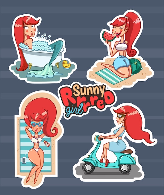 Коллекция летних наклеек. молодая рыжая девушка в отпуске. векторная иллюстрация