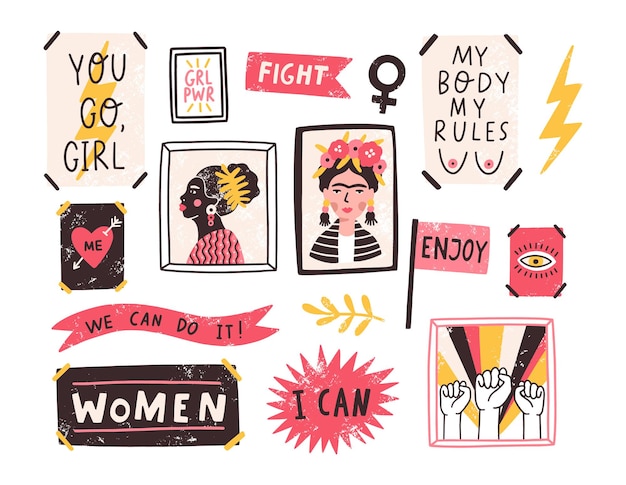 Вектор Коллекция символов движения феминизма и бодипозитива