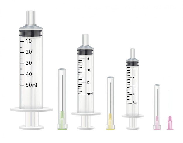 주사기와 바늘의 컬렉션입니다. 흰색 배경에.