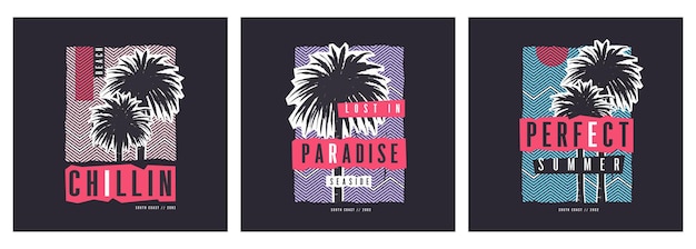 Коллекция из трех векторных графических дизайнов футболок в стиле журнала на тему лета