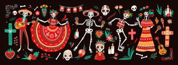 전통적인 죽음의 날 기호 모음 - 기타, 마라카스 또는 춤, 칼라베라 또는 두개골, 십자가 및 양초를 연주하는 멕시코 민속 의상을 입은 해골. 휴일 벡터 일러스트 레이 션.