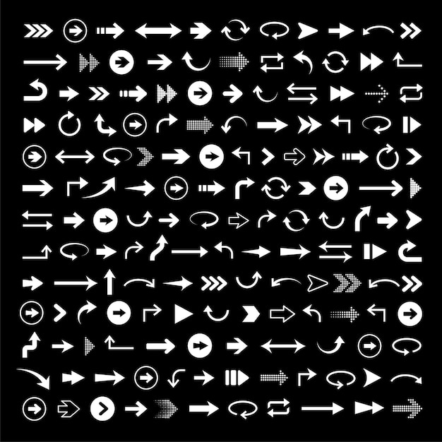 Collection of various arrow icons in different styles and directions on a black background