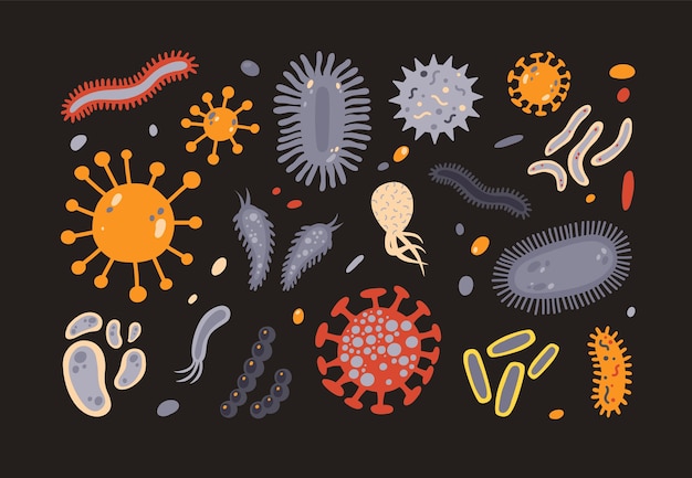 벡터 블랙에 고립 된 다양 한 미생물의 컬렉션