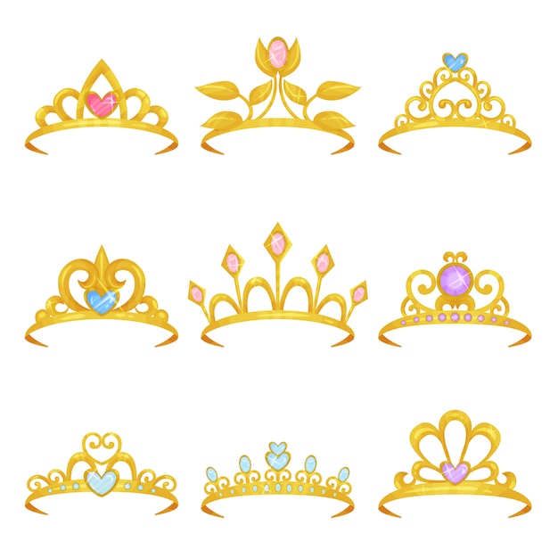 ベクトル 光沢のある宝石で飾られたさまざまな王冠のコレクション。ゴールデンプリンセスティアラ。貴重な女性のアクセサリー。高価なジュエリー。カラフルなフラットデザイン
