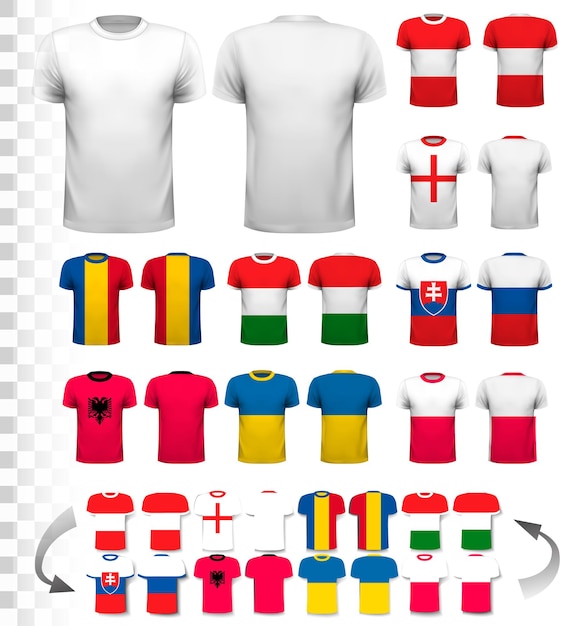 ベクトル さまざまなサッカーユニフォームのコレクション。 tシャツは透明で、独自のデザインのテンプレートとして使用できます。ベクター。
