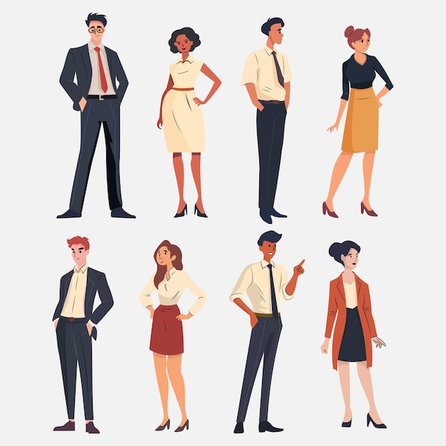 Вектор Коллекция векторных бизнес-персонажей, изображающих группу молодых бизнесменов
