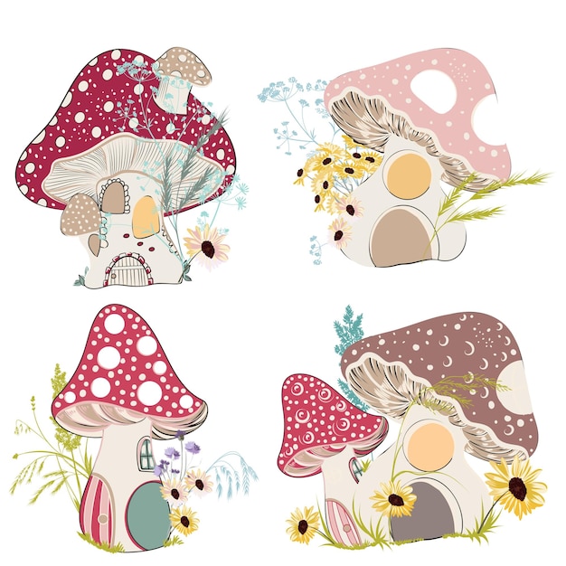 빈티지 만화 스타일의 벡터 귀여운 버섯 집 컬렉션