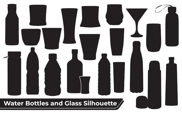水のボトルとガラスのシルエットベクトルのコレクション