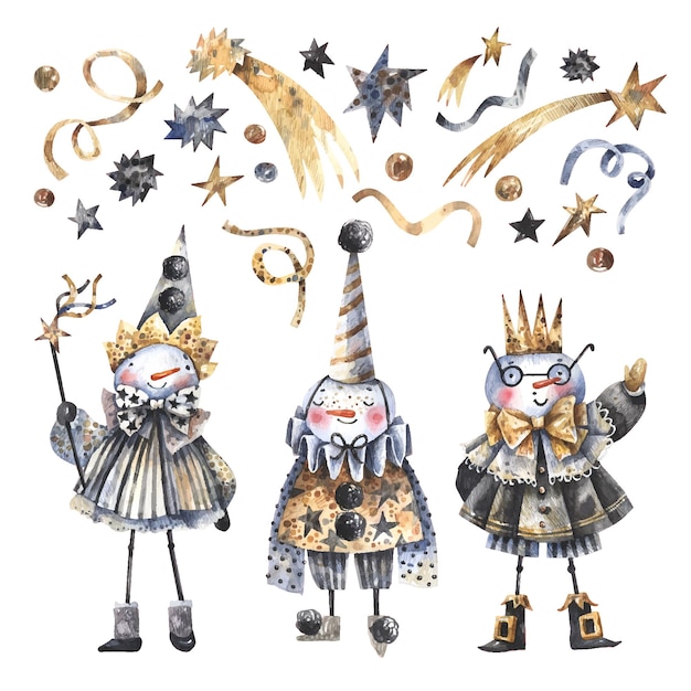 Вектор Коллекция акварельных иллюстраций снеговиков в карнавальных костюмах, звезд и метеоров.