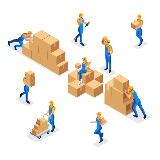 Сбор рабочих на складе мужчины и женщины в форме с картонными коробками, работа склада и служба доставки