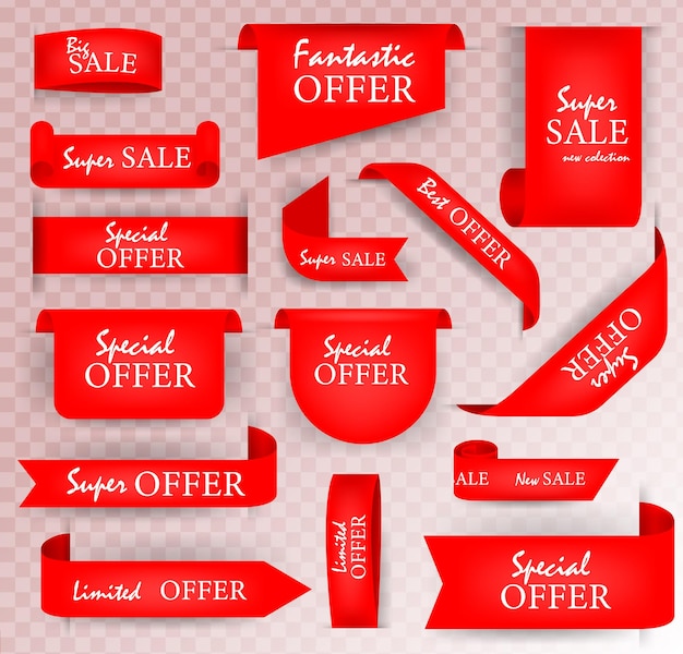 Raccolta di etichette di offerta nastro vendita banner isolati etichette di sconto rosso