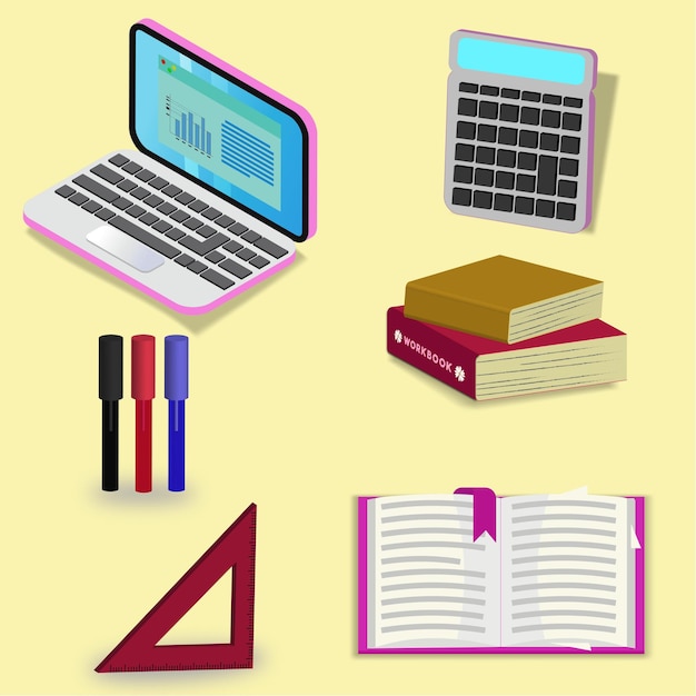 Vector collection office colorful stationery 3d icon set