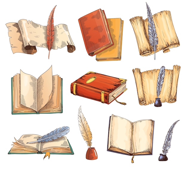 Collection of old books and antique quills education and wisdom\
concept vector icons for education and literature theme design\
vintage books and feathers icons