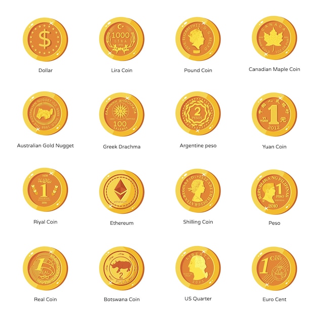 Collection of old gold coins flat icons