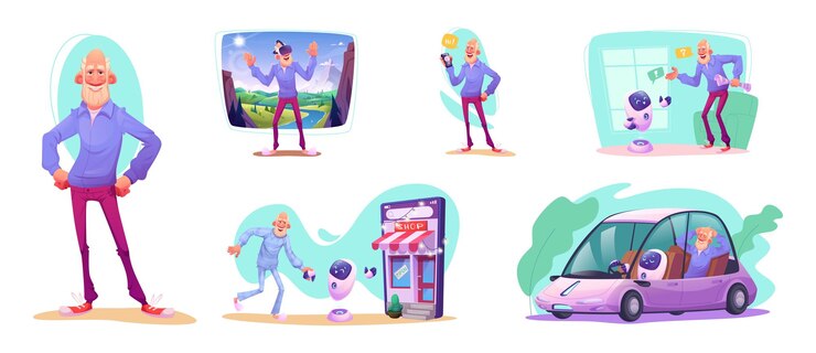 Vector collection of old man character interacting with ai technology and friendly artificial intelligence