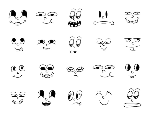 Vector collection of old retro traditional cartoon animation vintage faces of people with different emotions of the 20s 30s emoji character expressions 50s 60s head faces design elements in comic style