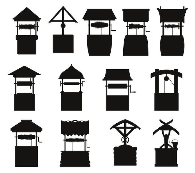 Collection of Old water well flat isolated vector Silhouettes