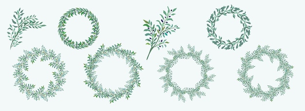 Collection of olive wreaths branches with leaves and fruits