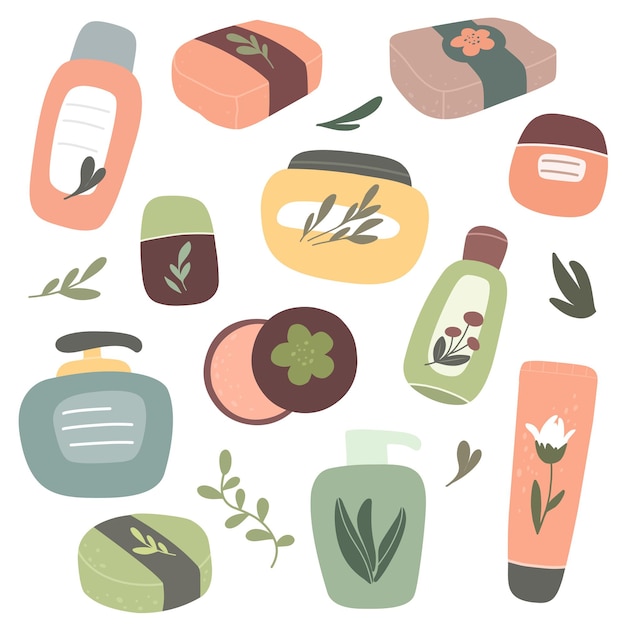 Vector collection of organic cosmetics natural cosmetics and body care products vector handdrawn isolate