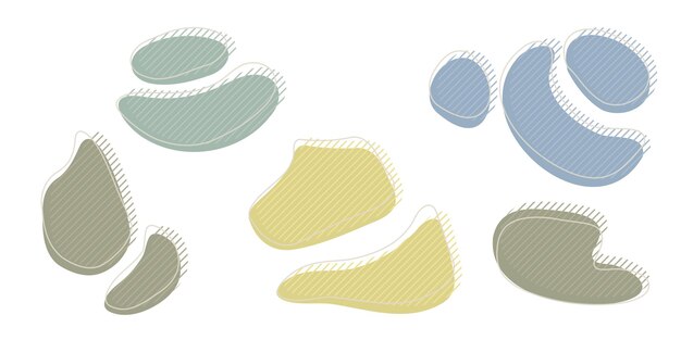 Collection of organic irregular blob shape with decorative stripes and stroke line Gray blue random deform circle spot Isolated white background Organic amoeba Doodle elements Vector illustration
