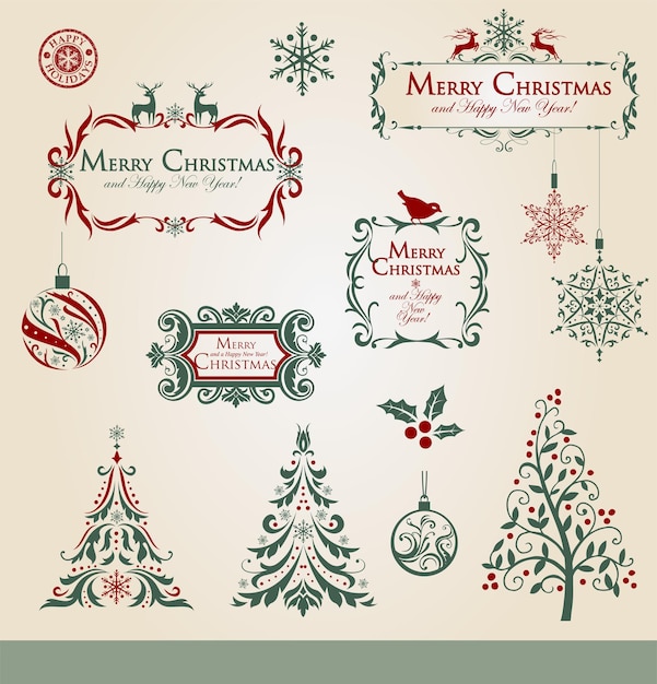 Collection of ornamental Christmas decorations and design elements in vintage style