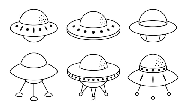 개요 외계인 비행 접시의 컬렉션입니다. UFO 등고선 기호 흰색 배경에 고립입니다.