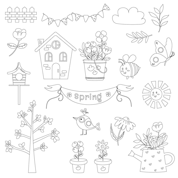 Collection of outline of spring elements Flowers bee butterfly bird