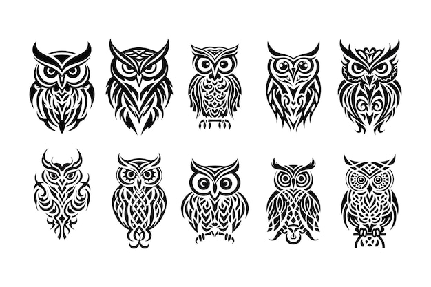 Vector collection of owl tattoo designs