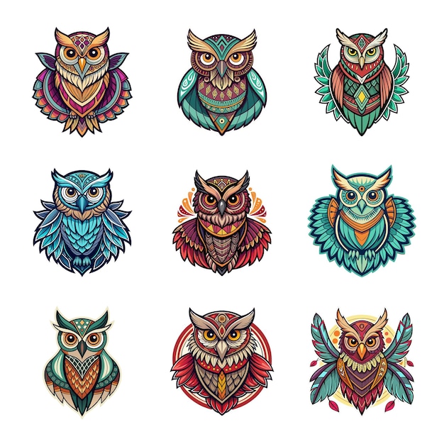 Vector a collection of owls with colorful patterns and the words owl