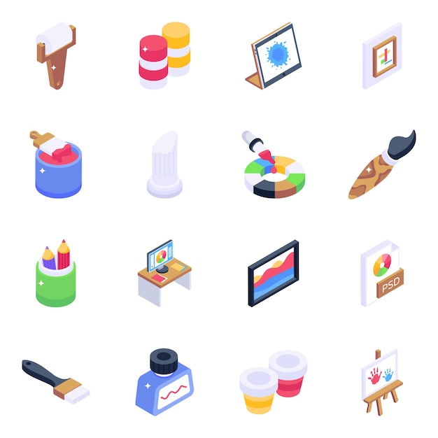 Vector collection of painting elements isometric icons