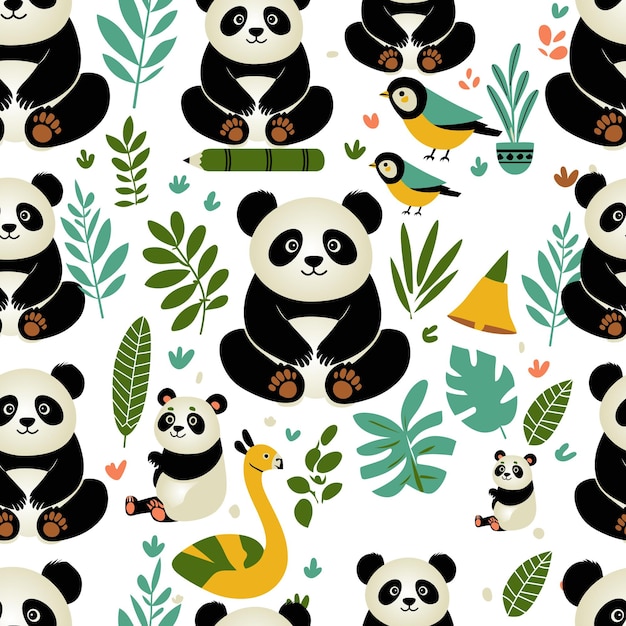 a collection of pandas and birds on a white background wildlife panda seamless pattern design