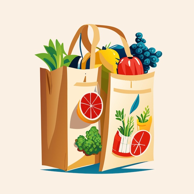 Collection of paper bag and baskets with fresh food different food and beverage products grocery