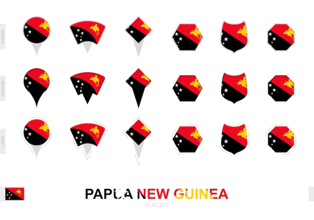 Collection of the Papua New Guinea flag in different shapes and with three different effects