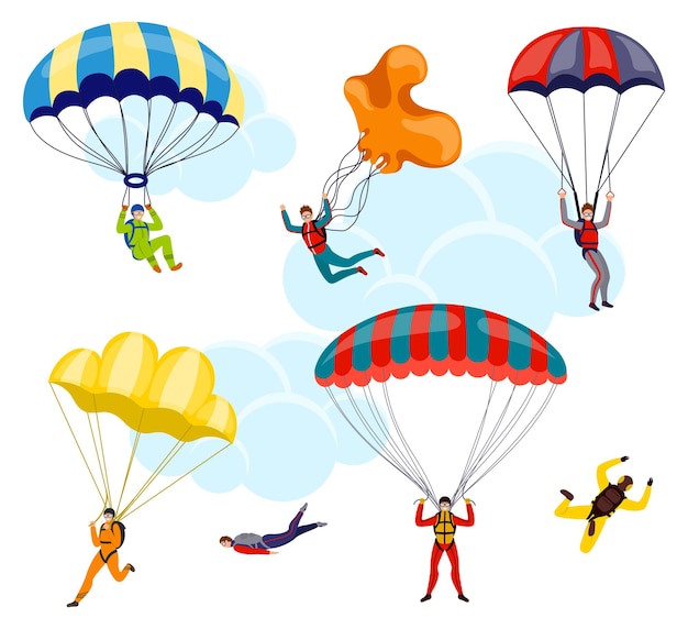 Collection of parachutists and skydivers isolated