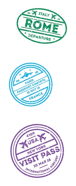 Collection of Passport Stamps Isolated on White Vector Illustration Set from Different Countries