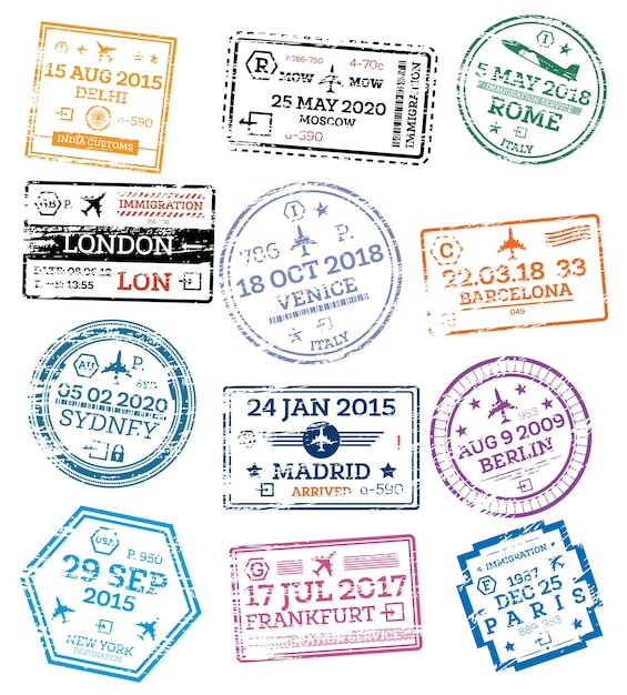 Collezione di timbri sui passaporti isolati su bianco illustrazione vettoriale