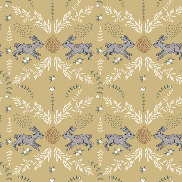 Vector collection of patterns for fabric.handmade vector small flowers, hares, leaves, complex composition