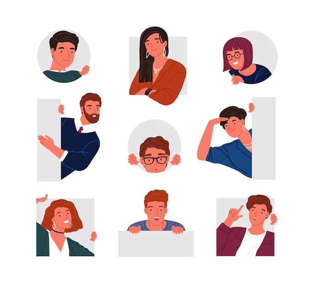 Collection of peeping people isolated on white background. Set of portraits of funny curious young men and women searching something. Bundle of design elements. Flat cartoon vector illustration.