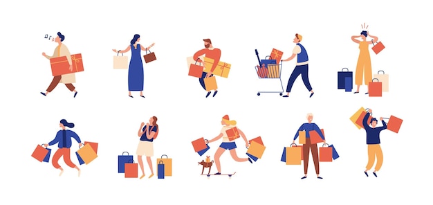 Raccolta di persone che trasportano borse della spesa con gli acquisti. uomini e donne che partecipano alla vendita stagionale in negozio, negozio, centro commerciale. personaggi dei cartoni animati isolati su sfondo bianco. illustrazione vettoriale piatta.