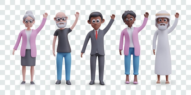 Vector collection of people of different ages creeds genders races with their hands raised