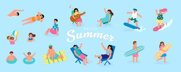 Vector collection of people have outdoor activities at beach in summer