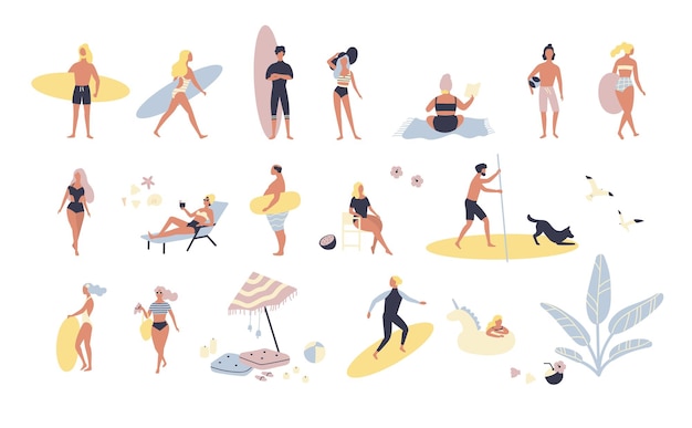 Collection of people performing summer outdoor activities at beach - sunbathing, walking, carrying surfboard, swimming in sea. Cartoon characters isolated on white background. Vector illustration.