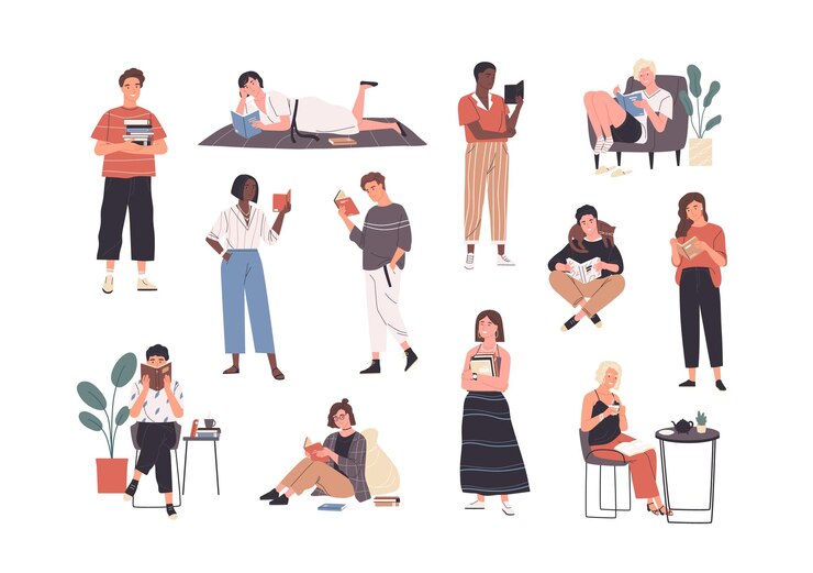 Vector collection of people reading or students studying and preparing for examination. set of book lovers, readers, modern literature fans isolated on white background. flat cartoon vector illustration.